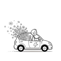 Stick Figure Driving Electric Car Filled With Flowers.