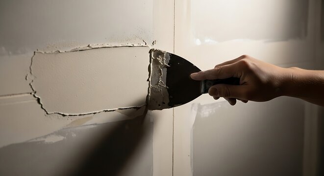 A hand meticulously applies joint compound to a drywall seam with a putty knife during a home renovation.