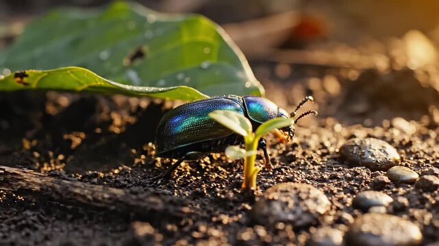 Close-up of a iridescent beetle on the ground near a leaf