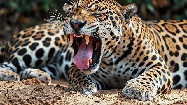 Close-up of a jaguar yawning, showing its fangs and tongue