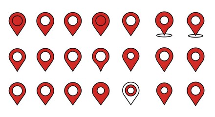 Assortment of red, stylized location markers with varied appearances