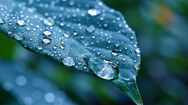 Close-up of dew drops on a deep green leaf