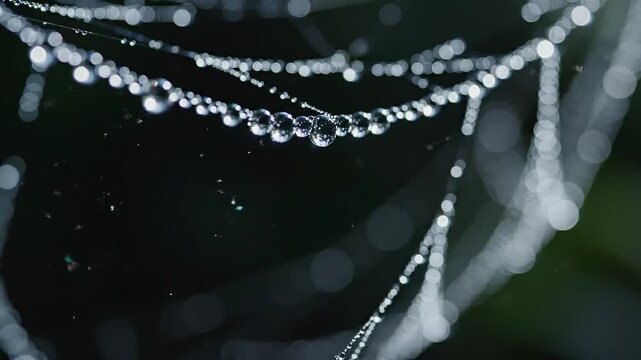 Close-up of glistening water droplets on a spider web at dawn