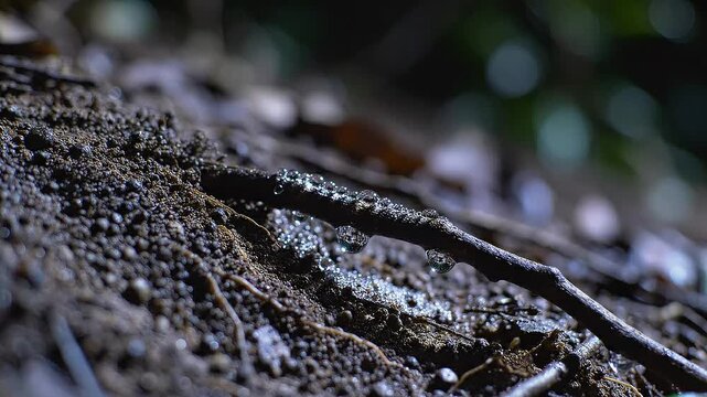 Close-up of water droplets on a twig with bokeh background