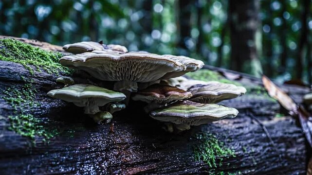 Close-up view of shelf fungi growing on a moss-covered log