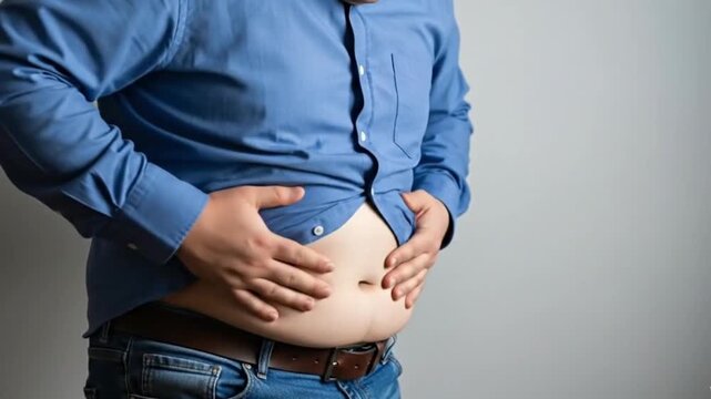 Overweight man struggling to button a tight blue shirt around his stomach, showing signs of obesity.