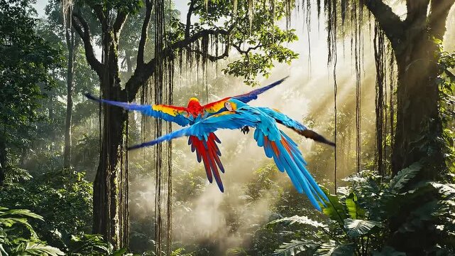 Colorful macaws fly through sunlit jungle with hanging vines