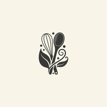 Elegant baking utensils with leaves and swirls logo design.