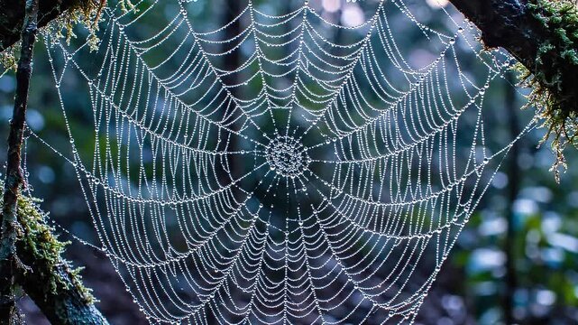 Dew-kissed spiderweb glistens on mossy branches in soft light