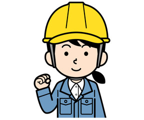 ガッツポーズするヘルメットをかぶった現場監督の女性