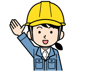 手を上げるヘルメットをかぶった現場監督の女性