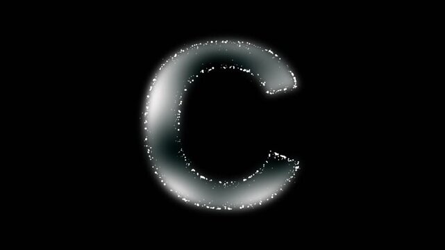Soft letter C animation, white alphabet letter symbol with white plasma foggy effect and white particles outline