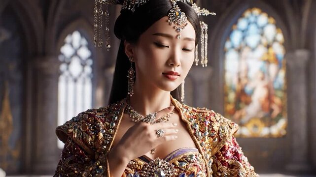 Elegant Asian Empress in Ornate Gown in Grand Palace Hall.