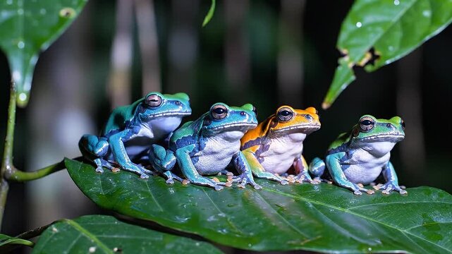Four colorful tree frogs perched in a row on a large wet leaf