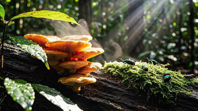 Golden mushrooms and jewel beetles on mossy log in sunlit forest
