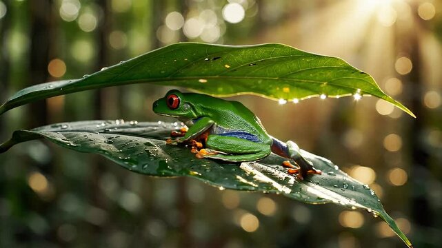 Green frog with red eyes sits on a wet leaf in soft sunlight