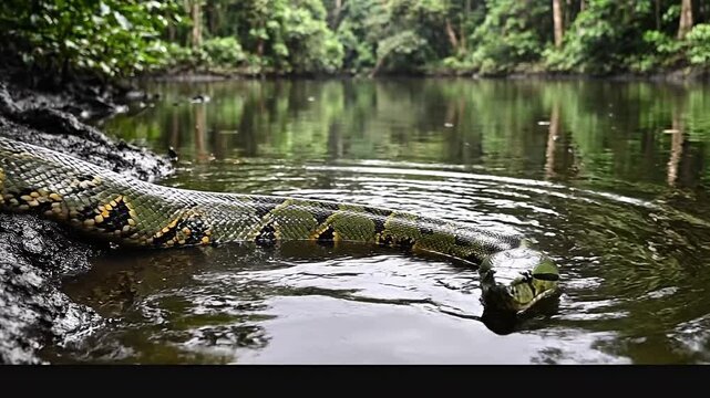 Large serpent with patterned scales partially submerged in murky jungle water