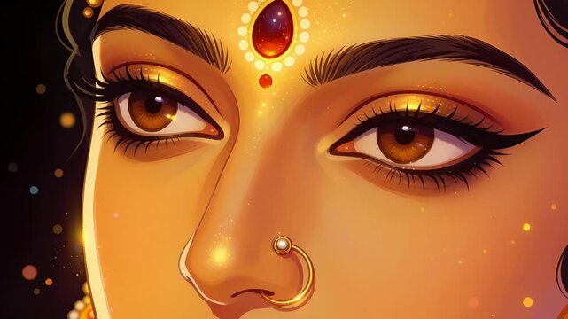 Closeup of a Beautiful Indian Womans Face with Traditional Jewelry and Makeup.