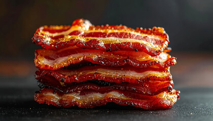 Stack of perfectly cooked bacon with visible texture and crisp edge
