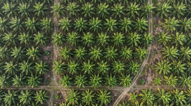 Aerial top-down view of a neatly arranged palm oil plantation with dirt paths, showcasing agricultural industry and sustainability.