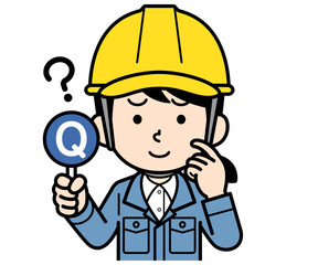 Qの札を持つヘルメットをかぶった現場監督の女性