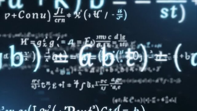 Abstract background of glowing mathematical formulas and symbols floating in dark space