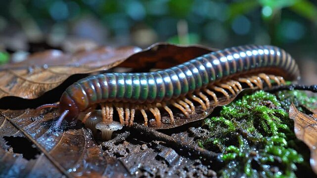 Macro view of a multi-legged insect with metallic sheen on damp forest floor