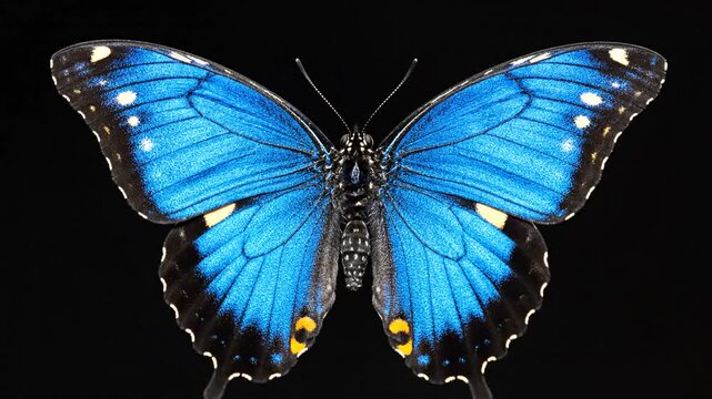 Morpho butterfly blue wings spread wide.