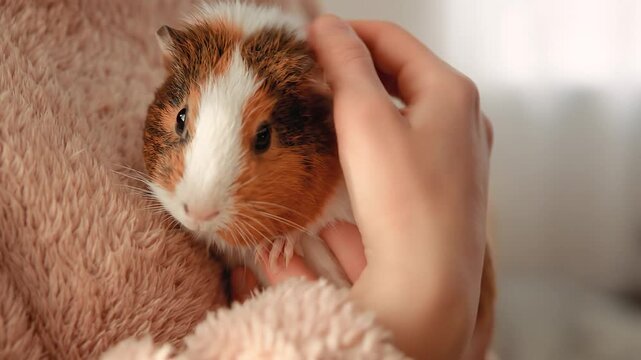 Person caressing a cute little tricolor guinea pig in gentle hands while showing affection and care for the domestic animal