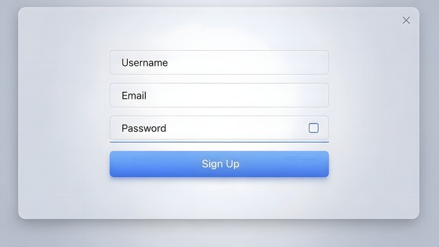 A modern, clean sign-up form user interface with fields for username, email, and password, and a blue sign-up button.