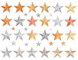 Obraz premium Assortment of metallic-colored stars of different sizes, arranged in multiple horizontal rows