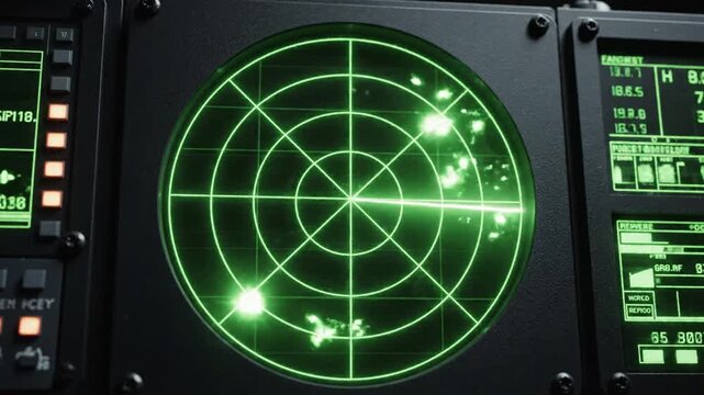 Close-up Radar Screen with Glowing Green Lines and Data Displays