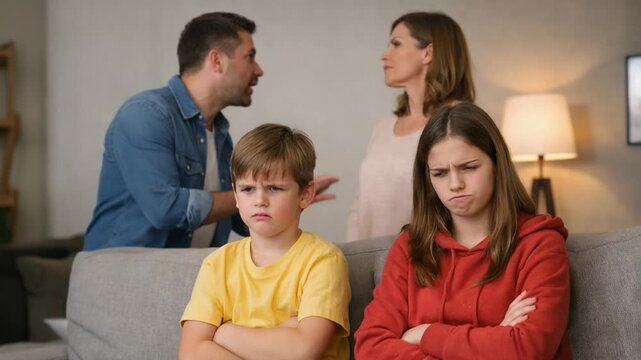 Stressed children witnessing parents arguing about family conflict and divorce in their living room