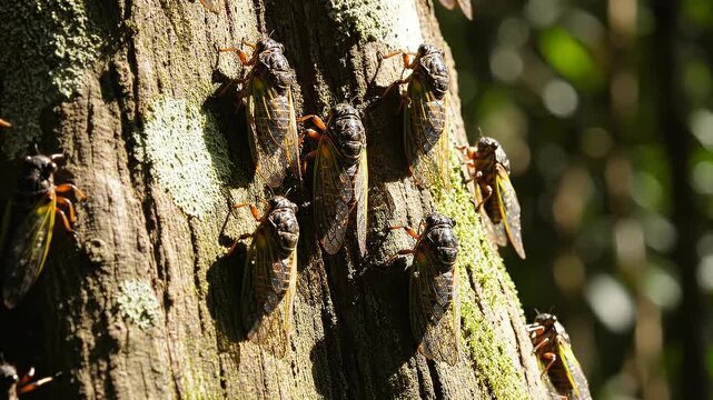 Many cicadas gathered on a mossy tree trunk in sunlight