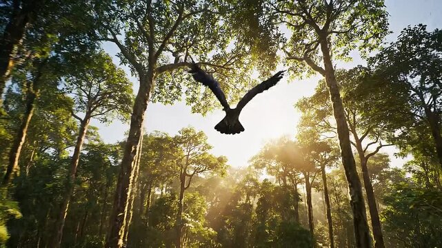 Majestic bird of prey soars through sun-dappled forest canopy