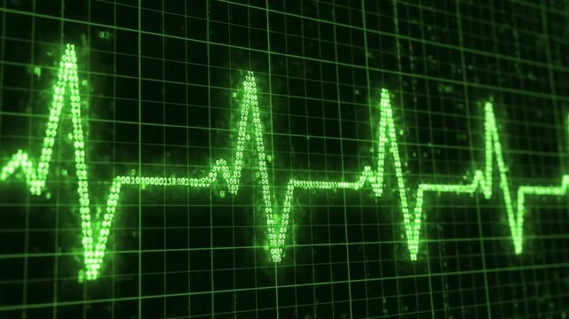 Digital Heartbeat ECG Line on Green Grid Background with Binary Code