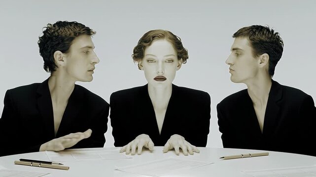 Two identical men talking to an elegant businesswoman during a meeting on a white background