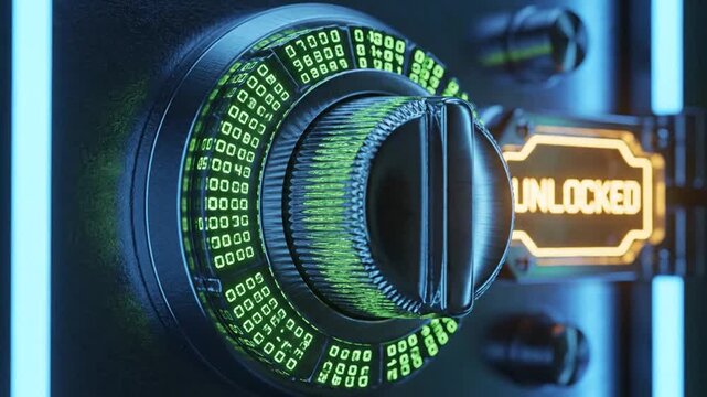 Futuristic Digital Safe Lock Mechanism Rotating with Green Code
