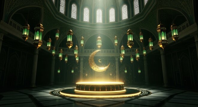 Ornate crescent moon floats above a glowing circular platform in a grand, vaulted mosque interior illuminated by hanging green lanterns.