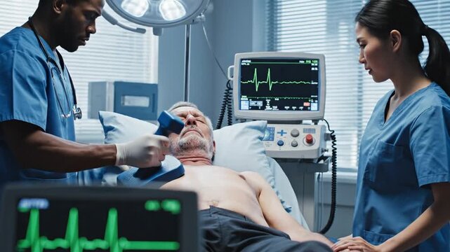 Medical Emergency: Doctors Perform Defibrillation on Patient in Hospital ICU