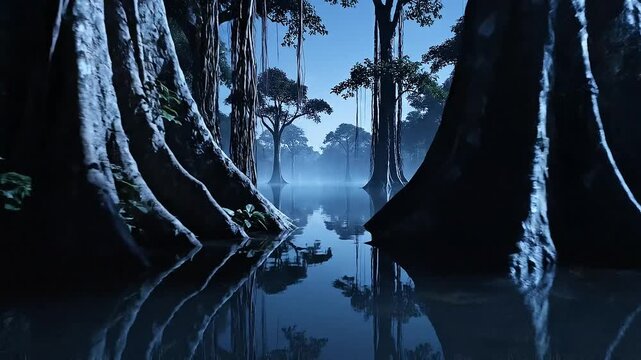 Misty swamp with ancient trees reflected in dark water