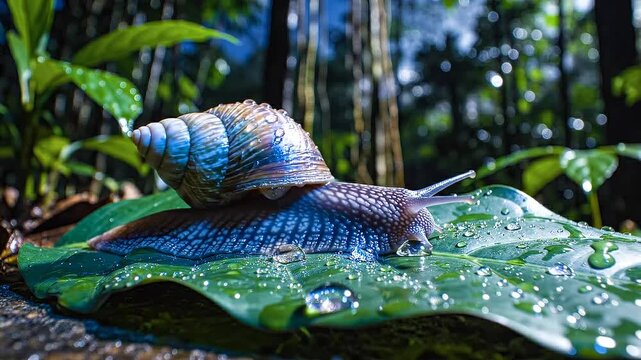 Snail with patterned shell glistens with water drops on lush green leaf