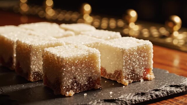 urkish Delight (Lokum) cubes, heavily coated in granulated sugar, showcasing a layered white and brown/fruit interior, served on a dark slate board with warm golden lights blurred in the background