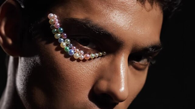 young Indian/South Asian man with glowing skin, adorned with a dramatic, iridescent pearl makeup design tracing his eye and cheekbone against a dark, moody background, conveying bold, artistic fashion