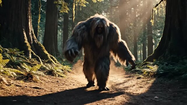 Mysterious Sasquatch Walks Forest Path.