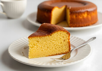 A slice of golden brown sponge cake sits on a white fluted plate with a fork next to the whole cake and a coffee cup on a white table. Generative AI.