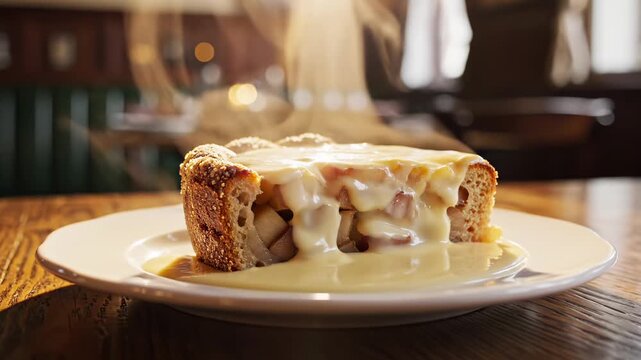 steaming slice of hot baked apple pie or fruit crumble being generously drizzled with warm vanilla custard or cream sauce, served on a white plate