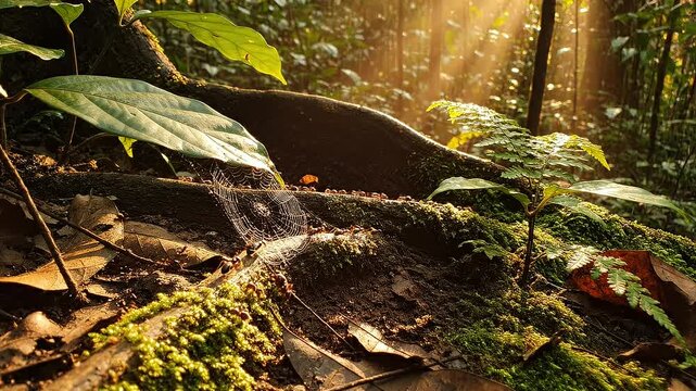 Sunlight filters through a forest canopy onto mossy logs and cobwebs