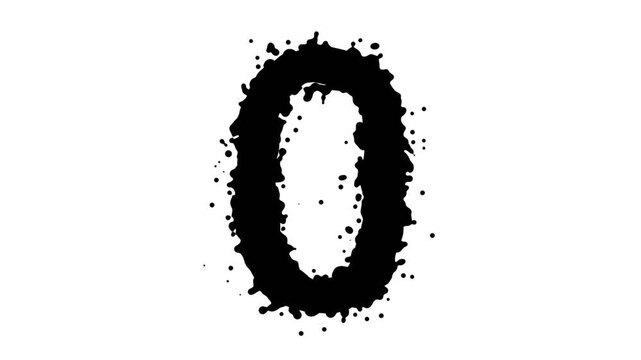 Number 0, black liquid animatin with black bubbles on white background, metaballs style animation