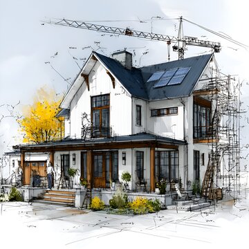Artistic sketch of a modern farmhouse under construction with a crane and scaffolding showcases architectural design and progress seamlessly.
